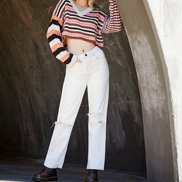 BDG Urban Outfitters Button Fly High Rise Straight Ripped Jeans Ecru W28 L32 NWT - Picture 13 of 13